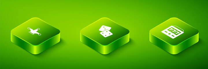 Set Isometric Game dice, Slot machine with jackpot and Joker playing card icon. Vector