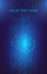 Template for a vertical banner or cover with a neural network image. Vector illustration in a futuristic neon style.