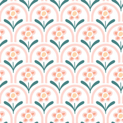 Sweet cute pink hand-drawn seamless floral pattern on white background