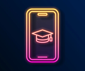 Glowing neon line Graduation cap on screen smartphone icon isolated on black background. Online learning or e-learning concept. Vector