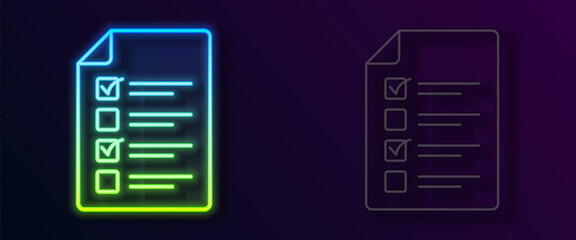 Glowing neon line Online quiz, test, survey or checklist icon isolated on black background. Exam list. E-education concept. Vector