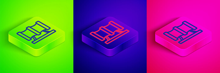 Isometric line Kid playground slide pipe icon isolated on green, blue and pink background. Square button. Vector