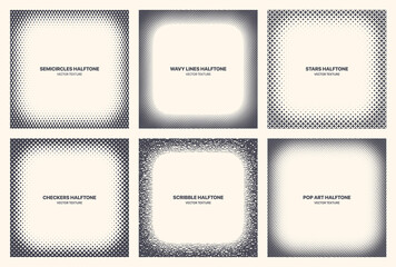 Different Variations Modern Halftone Pattern Vector Abstract Geometric Frame Set Isolated On White Background. Various Half Tone Texture Collection Semi Circle Wavy Line Star Checkers Scribble Pop Art