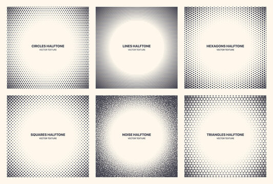 Different Variations Halftone Circle Frame Set Vector Abstract Geometric Patterns Isolated On White Background. Various Half Tone Texture Collection Circles Lines Noise Squares Hexagons Triangles