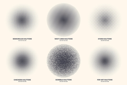 Different Variations Modern Halftone Texture Set Vector Geometric Radial Pattern Isolated On White Background. Various Half Tone Texture Collection Semi Circle Wavy Line Star Checkers Scribble Pop Art