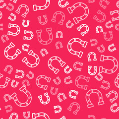White line Horseshoe icon isolated seamless pattern on red background. Vector