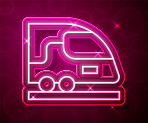 Glowing neon line High-speed train icon isolated on red background. Railroad travel and railway tourism. Subway or metro streamlined fast train transport. Vector
