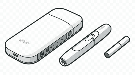 Vector IQOS heated tobacco. Electronic Cigarette outlined and contour. Pod mod and vape. Evaporation smoke systems, Smoking with device.
