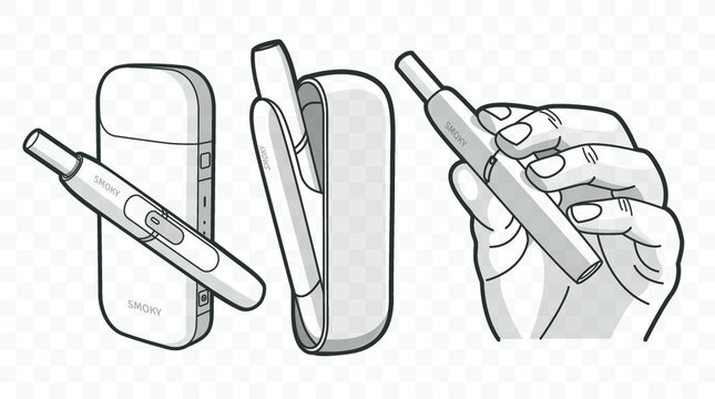 Vector IQOS heated tobacco. Electronic Cigarette outlined and contour. Pod mod and vape. Evaporation smoke systems, Smoking with device.