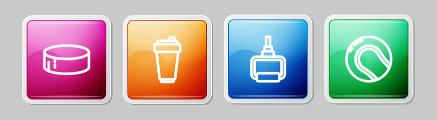 Set line Hockey puck, Fitness shaker, TPX loop training equipment and Baseball ball. Colorful square button. Vector