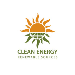 renewable energy icon with solar panel and sun isolated on white background