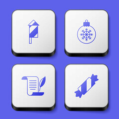 Set Firework rocket, Christmas ball, Envelope and Candy icon. White square button. Vector