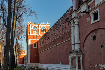 Walls with towers of the male Donskoy Monastery in Moscow