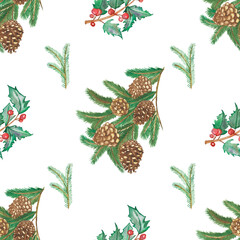 Watercolor hand painted nature winter plants seamless pattern with green fir branches, brown cones, red holly berries and leaves isolated on the white background for christmas print design