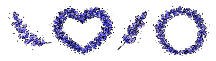 Hand drawn vector lavender branch isolated on white background. Round frame, heart frame. Template for greeting card. Cute botanical illustration for wedding invitations, print, web, design, decor.