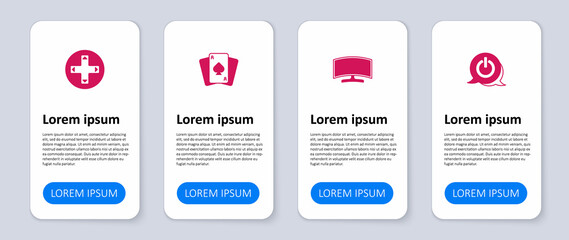 Set Power button, Computer monitor, Playing cards and Game controller joystick. Business infographic template. Vector