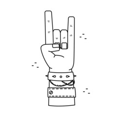 Vector illustration of hand gestures - rock on, heavy metal sign. Outline man hand.