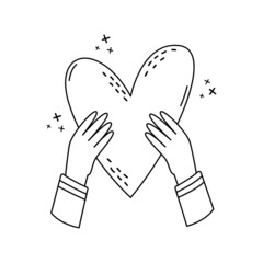 Vector illustration of a man holding a heart in his hands. Hand gestures. Outline illustration.