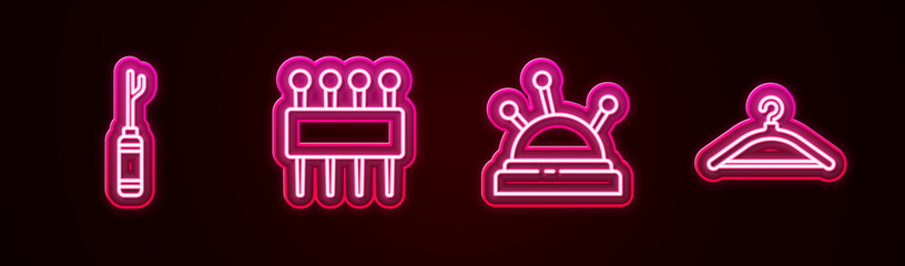 Set line Awl tool, Needle for sewing, bed and needles and Hanger wardrobe. Glowing neon icon. Vector