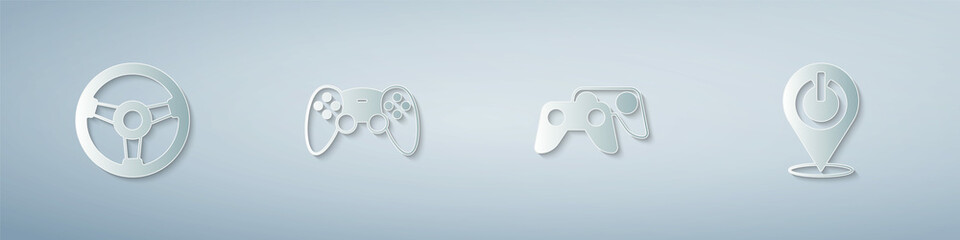 Set Racing simulator, Game controller joystick, and Power button. Paper art style. Vector