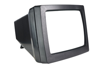 Old CRT computer monitor with white screen isolated on white background.
