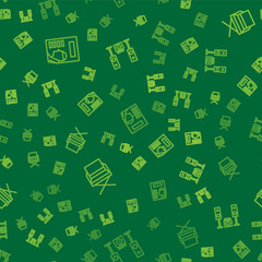 Set line Cinema poster, Director movie chair and Home stereo with two speakers on seamless pattern. Vector