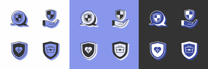 Set Briefcase with shield, Shield, Life insurance and hand icon. Vector