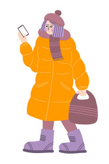 Isolated vector illustration of a girl in winter clothes walking with a bag and phone