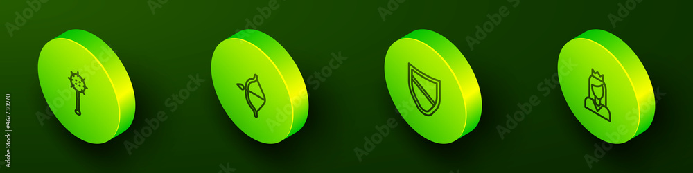 Sticker Set Isometric line Medieval chained mace ball, bow and arrow, Shield and Princess icon. Vector