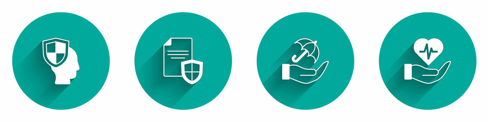 Set Life insurance with shield, Contract, Umbrella hand and icon with long shadow. Vector