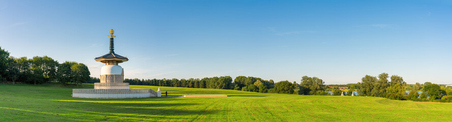 Sunset panorama of peace pagoda at Willen Park in Milton Keynes. England