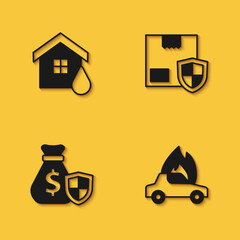 Set House flood, Burning car, Money bag with shield and Delivery security icon with long shadow. Vector