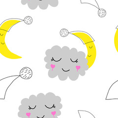 Cute sky pattern. Seamless vector design with smiling, sleeping moon and clouds. Pattern for kids. Hand drawn.
