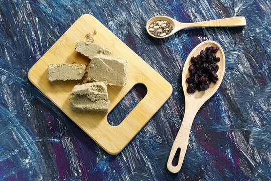 Jewish, turkish, arabic national dessert. Delight halva. Flat lay