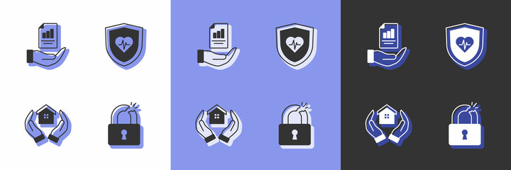 Set Broken or cracked lock, Contract in hand, House and Life insurance with shield icon. Vector