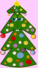 Christmas tree decorated with Christmas balls up to the ears very nice and truan smiles showing his two beaver teeth.