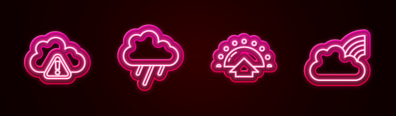 Set line Storm warning, Cloud with rain, Sunrise and Rainbow clouds. Glowing neon icon. Vector