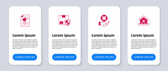 Set House flood, Lifebuoy in hand, Delivery security with shield and Marriage contract. Business infographic template. Vector