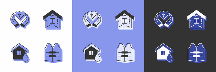 Set Life jacket, insurance, House flood and icon. Vector