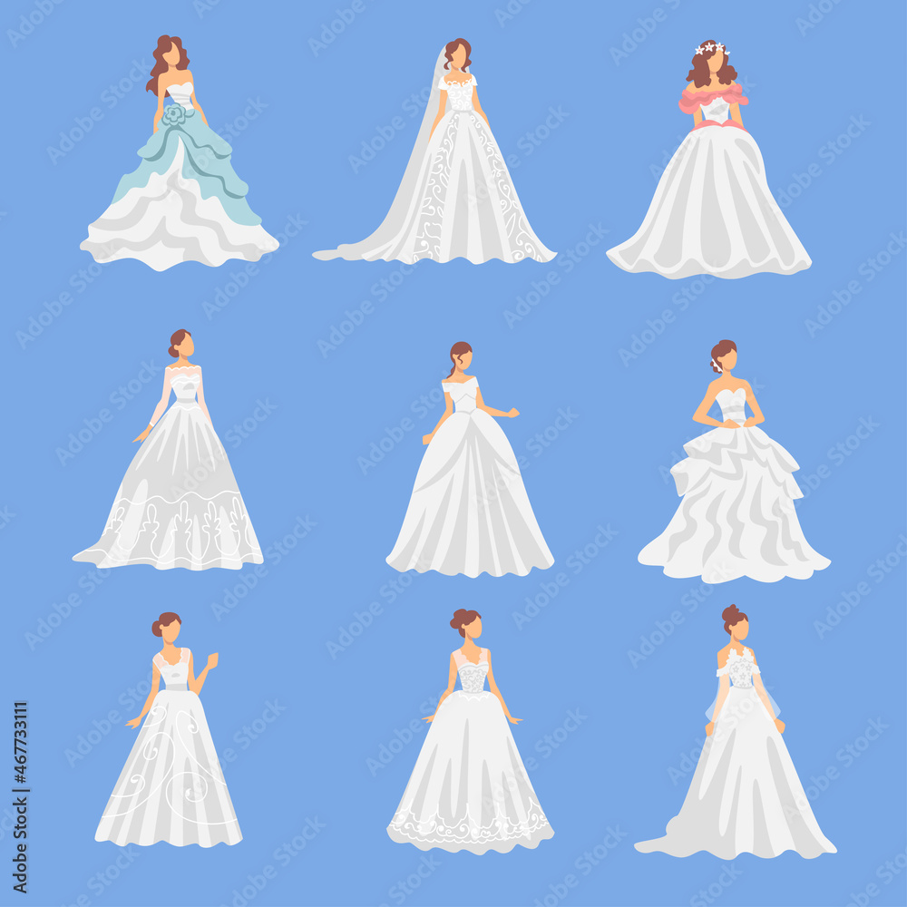 Sticker Bride in White Wedding Dress Standing as Newlywed or Just Married Female on Blue Background Vector Set