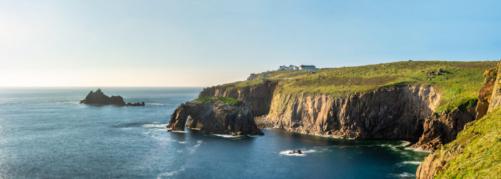 Land's End panorama with Enys Dodman arch, Cornwall