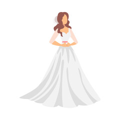 Fototapeta premium Bride in White Wedding Dress and Veil Standing as Newlywed or Just Married Female Vector Illustration