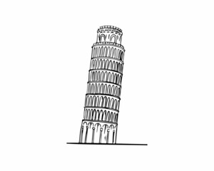 Leaning Tower of Pisa drawn with a black outline, icon. Vector illustration