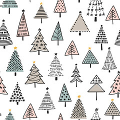 Seamless pattern with stylized Christmas trees on white background. Vector illustration. - 467733967