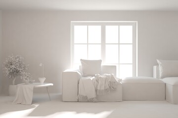 White minimalist living room with sofa. Scandinavian interior design. 3D illustration