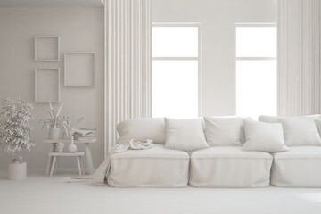 White minimalist living room with sofa. Scandinavian interior design. 3D illustration
