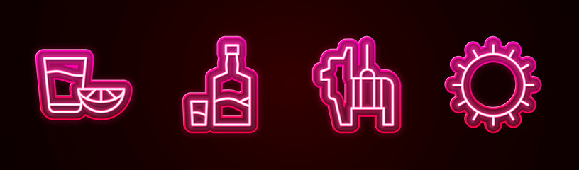 Set line Tequila glass with lemon, bottle and, Pinata and Sun. Glowing neon icon. Vector