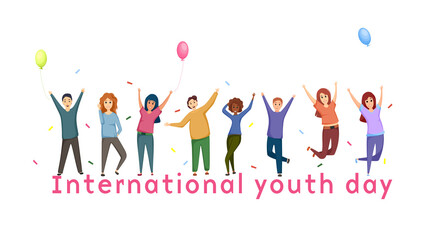 Joyful girls and guys of different nationalities celebrate International Youth Day with balloons and candy. Friendly company. And Vector cartoon illustration.