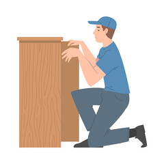 Young Man in Blue Cap Assembling and Installing Wooden Furniture Vector Illustration