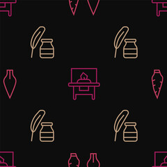 Fototapeta premium Set line Stone age arrow head, Feather and inkwell and Glass showcase for exhibit on seamless pattern. Vector